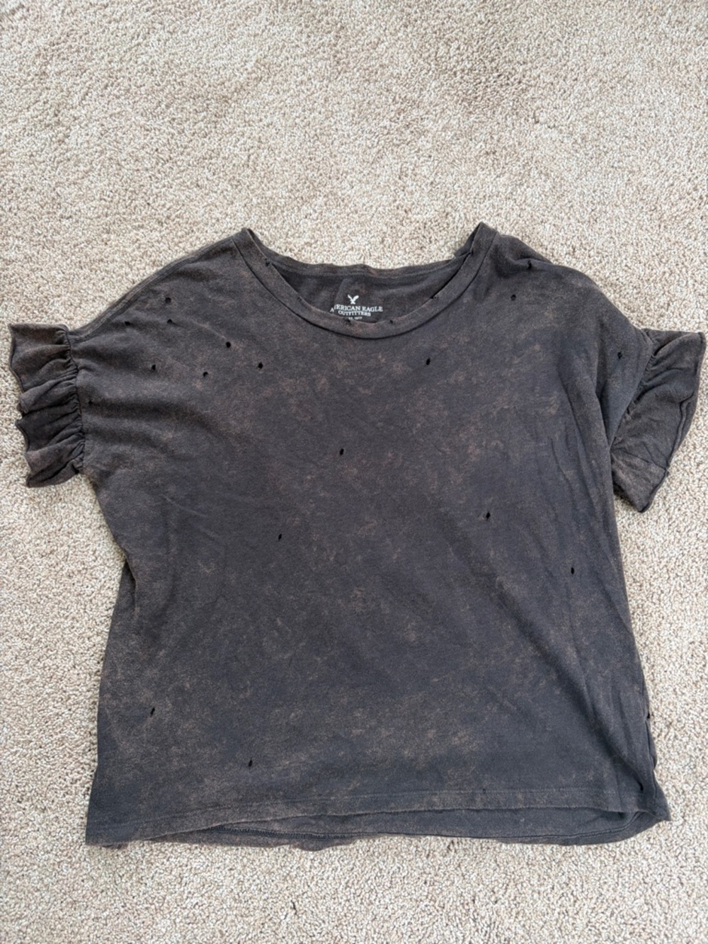 American Eagle Outfitters Black Distressed Ruffle Sleeve Tee